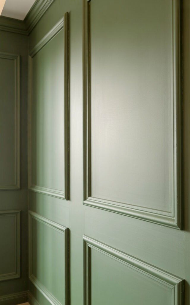 Sage green accent wall with picture frame molding creating an elegant paneled effect in bedroom