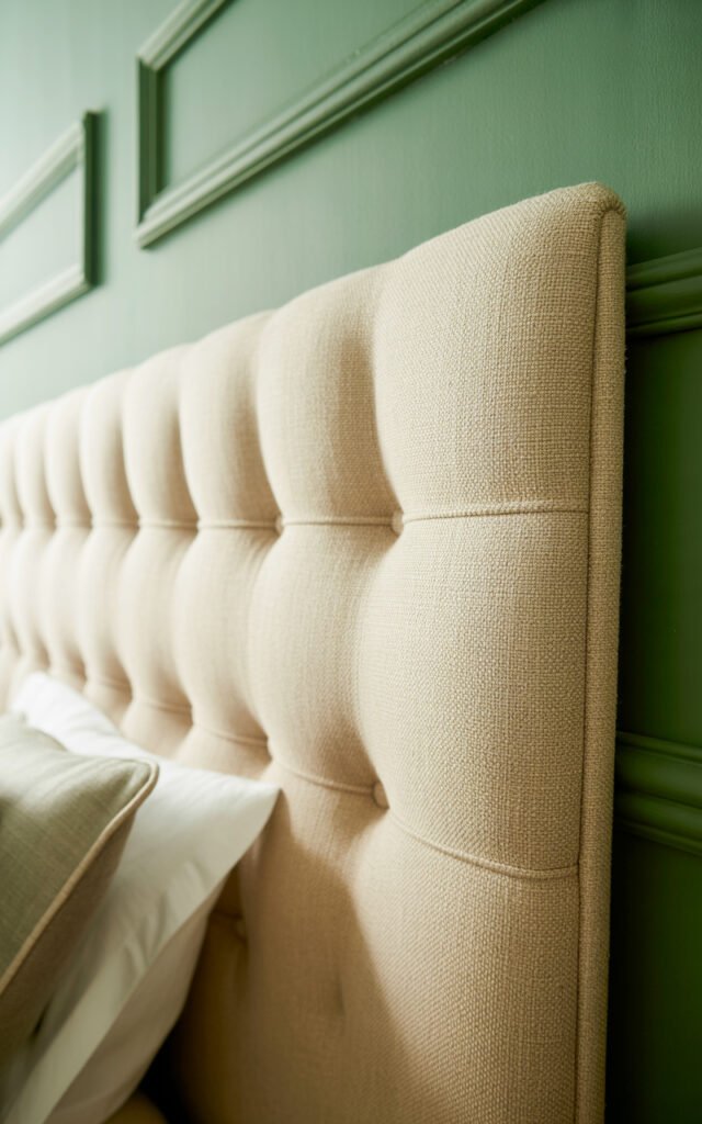 Budget-friendly DIY tufted headboard in cream linen fabric creating custom look in sage green bedroom