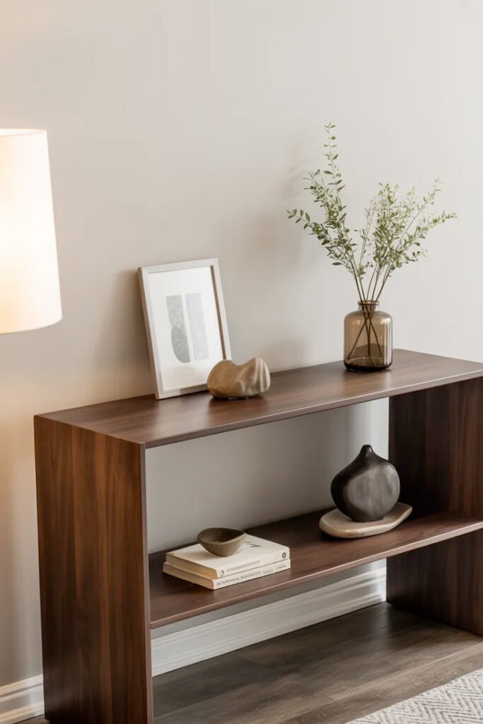 Contemporary dark wood console table with minimal design and storage shelf below
