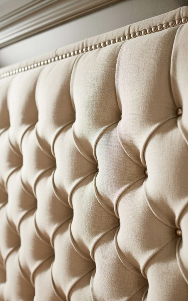 Close-up of beige button tufted headboard showing elegant upholstery and nailhead trim