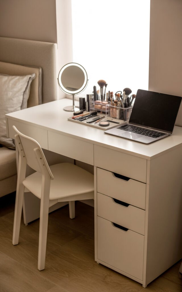 White desk with Hollywood mirror and laptop showing dual function vanity and work surface
