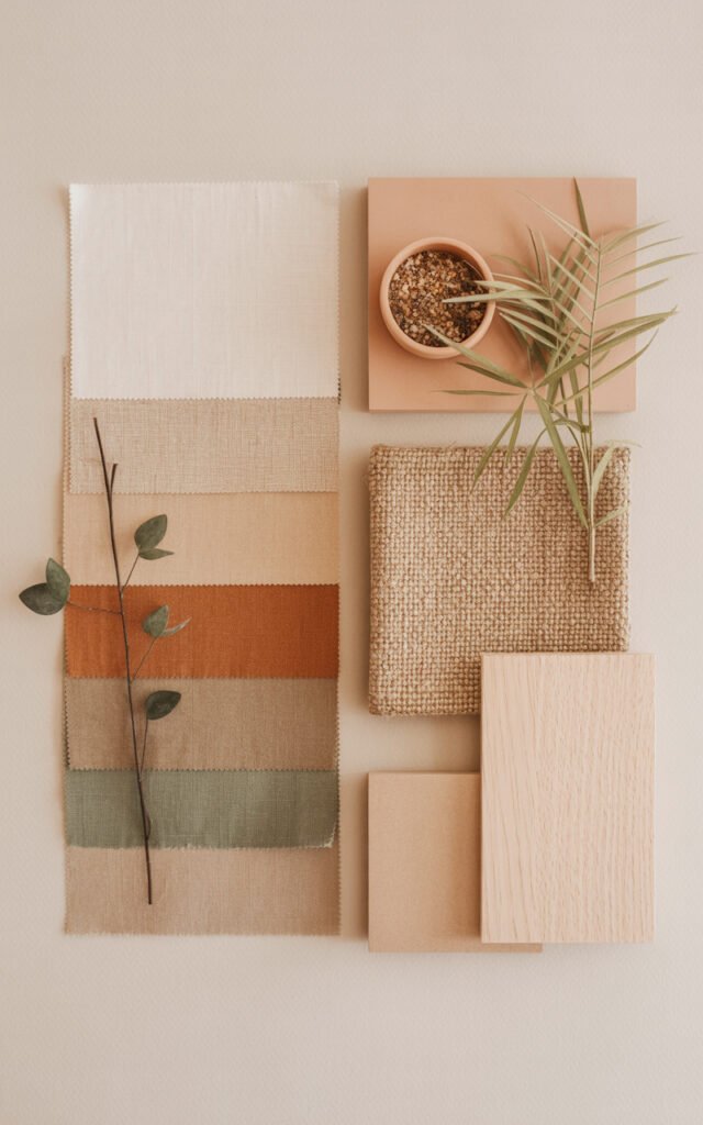 Fabric swatches and material samples showing neutral earth tone color scheme