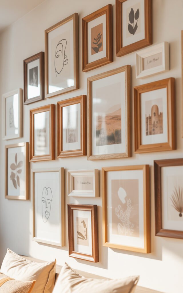 Asymmetrical gallery wall featuring mismatched wood frames with abstract art and photography in neutral tones perfect for modern bohemian bedroom