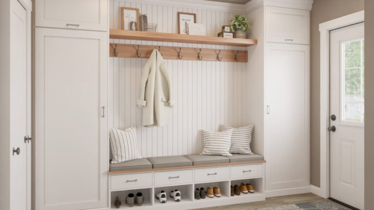 White mudroom bench with shoe storage, coat hooks, cushioned seating and farmhouse shiplap walls