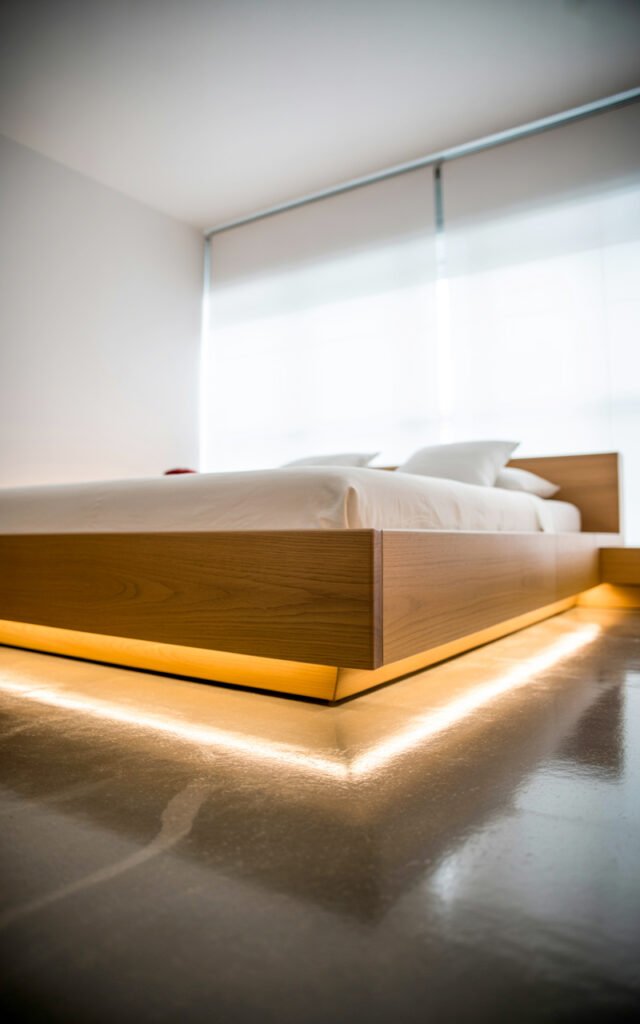 Floating platform bed with LED lights underneath creating modern minimal bedroom aesthetic