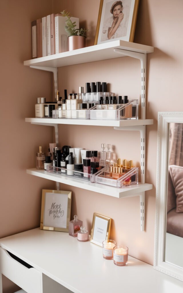 White floating shelves with organized beauty products and decor creating vertical storage above vanity