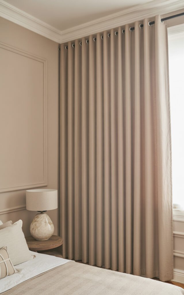 Taupe floor length curtains mounted near ceiling showing elegant bedroom window treatment
