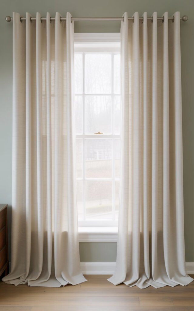 White linen curtains hung from ceiling height puddling on floor making windows and ceilings appear larger