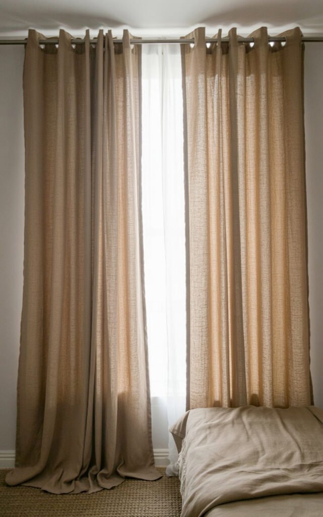 Simple neutral linen curtains hung ceiling-height maximizing natural light in small space

