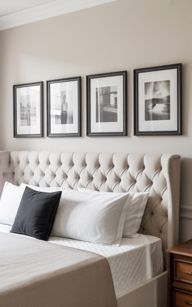 Gallery wall with four black framed prints centered above tufted bedroom headboard