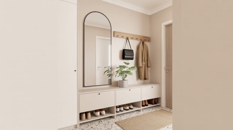 Organized hallway featuring arched mirror, low shoe cabinet, wall hooks and minimalist design