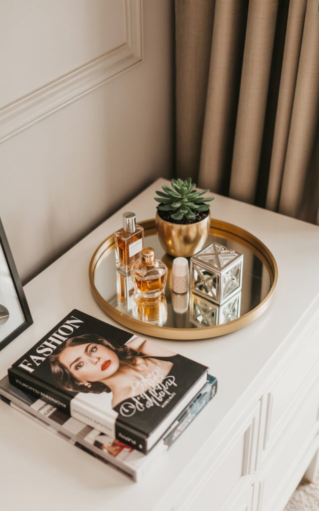 Curated dresser top display with perfume, jewelry and decorative objects on elegant tray