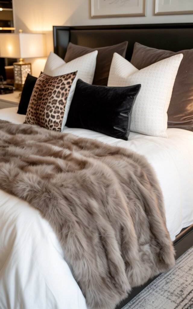 Luxuriously styled bed with layered white bedding, fur throw and leopard print accent pillows