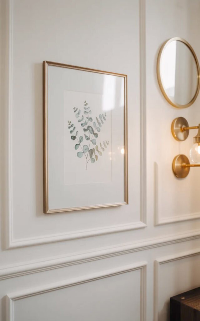 Minimal framed artwork in gold frame coordinating with traditional hallway metal finishes
