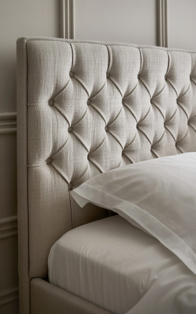 Low-profile gray upholstered tufted headboard with button detailing perfect for beds by windows