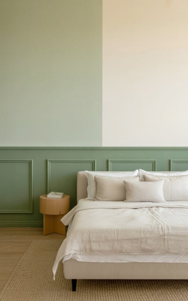 Bedroom featuring half-painted sage green wall with white upper portion divided by chair rail molding