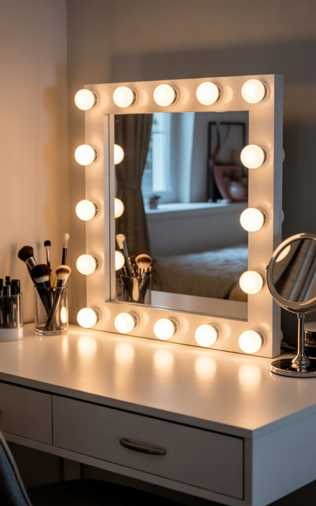 Hollywood mirror with round LED bulbs providing professional lighting for small vanity setup