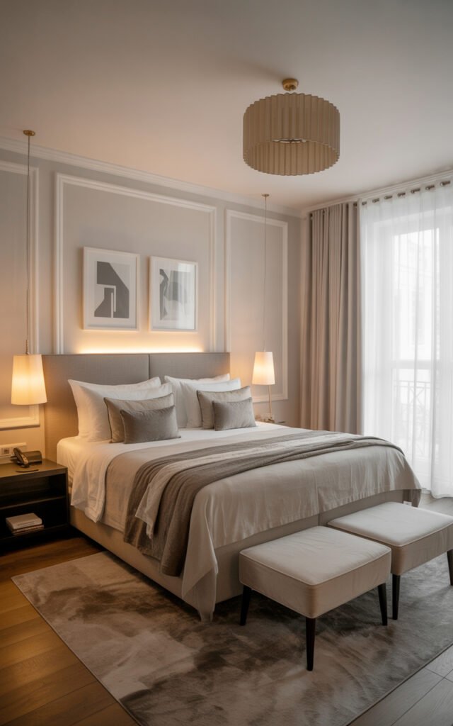 Bedroom designed like luxury hotel with symmetry neutral palette and quality bedding