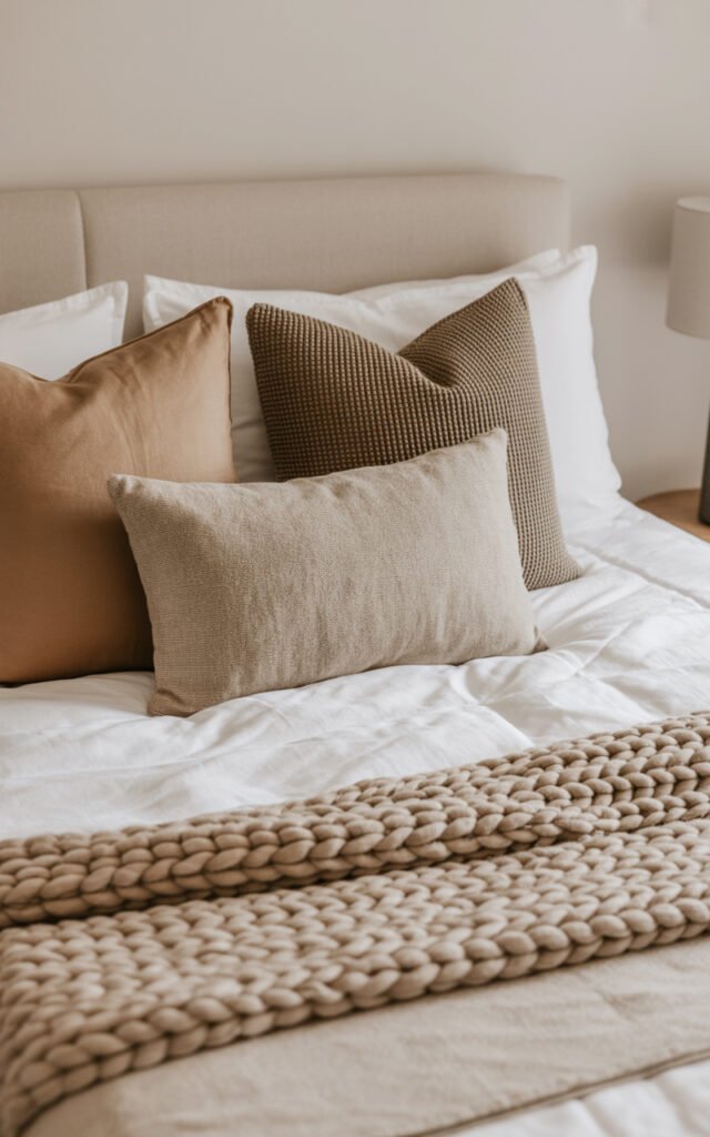 Layered neutral bedroom bedding featuring white sheets, cream duvet, knit throw blanket and textured pillows in earth tones