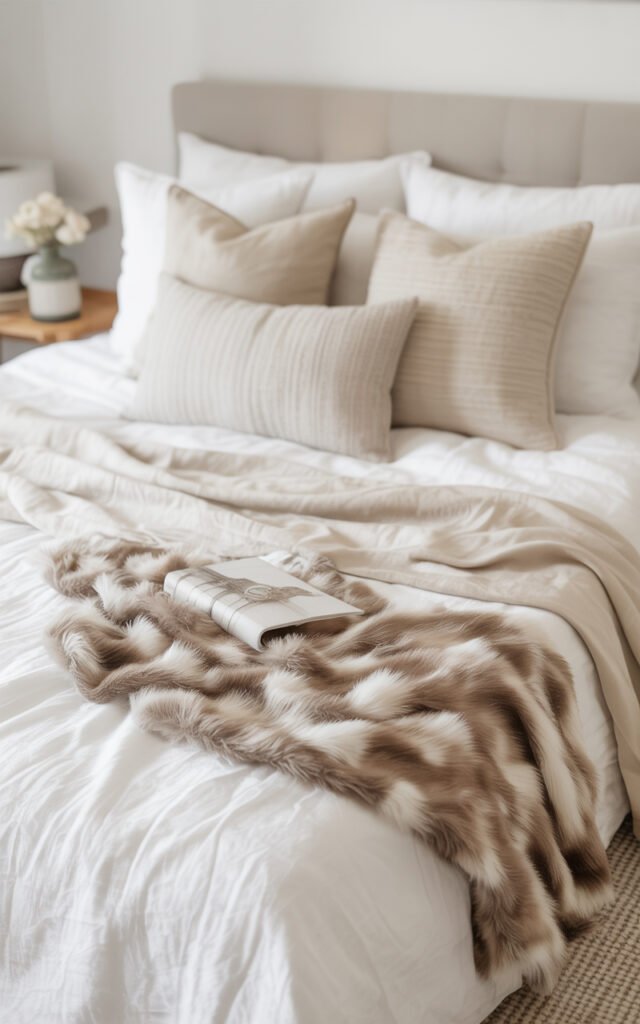 Beautifully rumpled bed with layered white and neutral bedding, fur throw, and pillows arranged in casual lived-in boho style