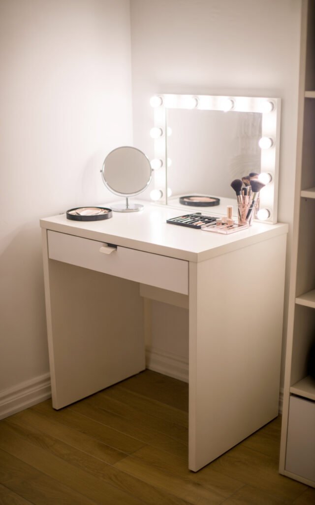 IKEA MICKE white desk with mirror creating affordable compact vanity for small room