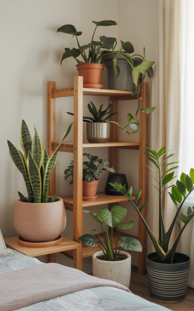 Grouping of low-light houseplants including snake plant, pothos and monstera in bedroom corner
