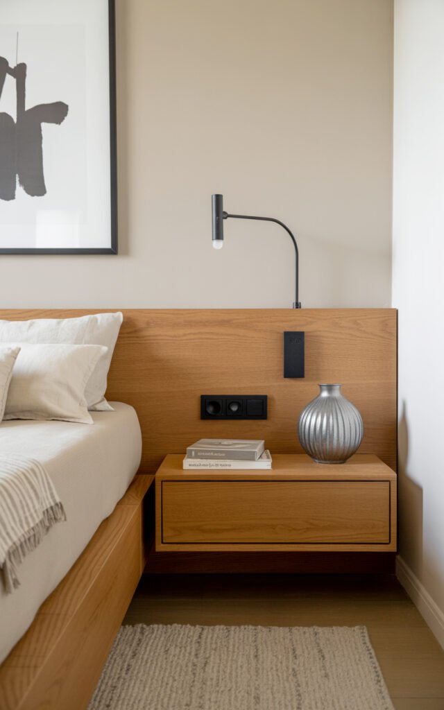 Floating oak nightstands integrated into wall creating seamless minimal bedroom storage