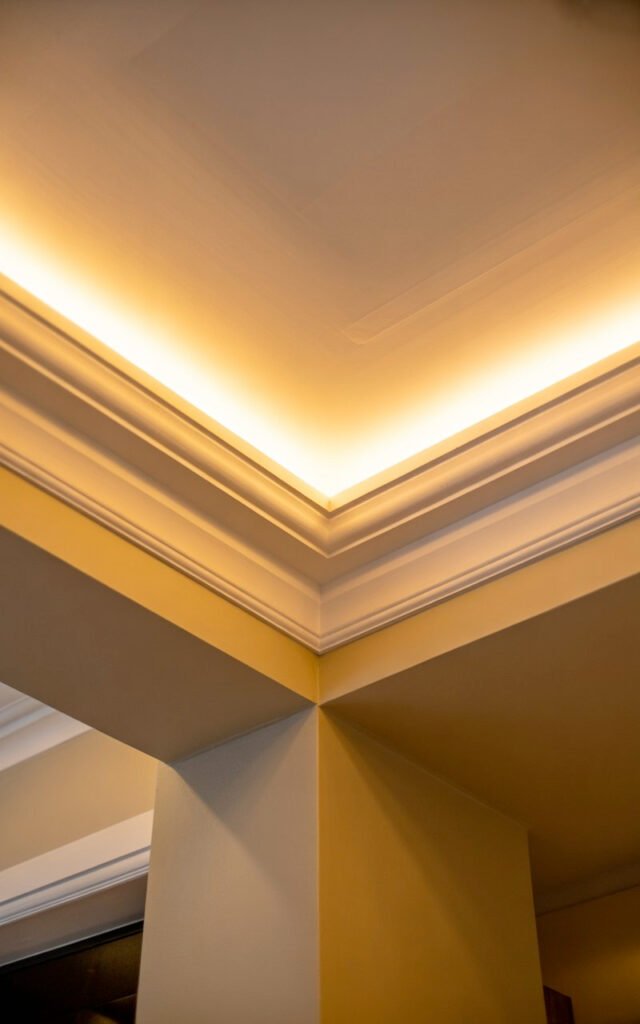 Hidden LED strips above crown molding providing indirect ambient ceiling glow in hallway