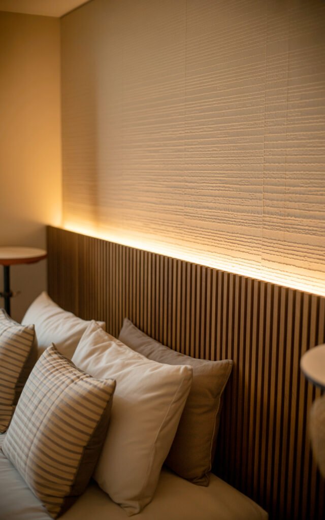 LED strip lights behind bedroom wall panel creating warm ambient backlighting effect