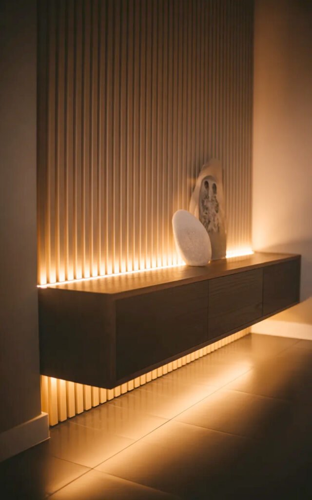 Hidden LED lights beneath wall-mounted console providing ambient glow and floating effect