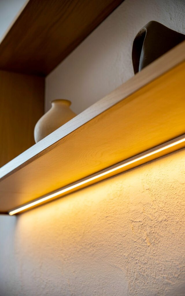 Warm LED strip lights under wooden shelf providing accent lighting in small bedroom