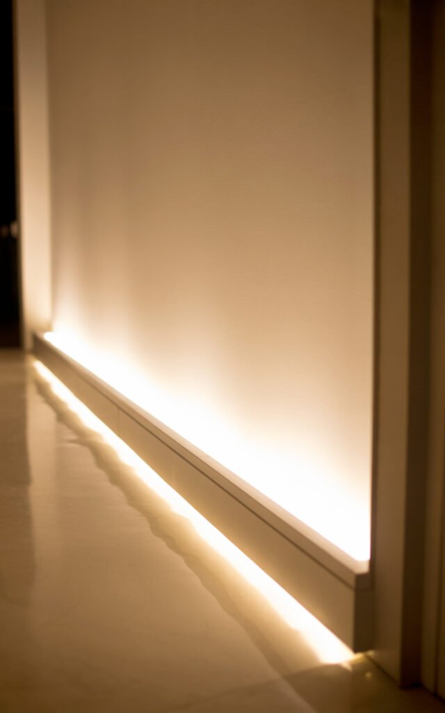 Hidden LED lights under baseboard providing subtle floor-level hallway illumination