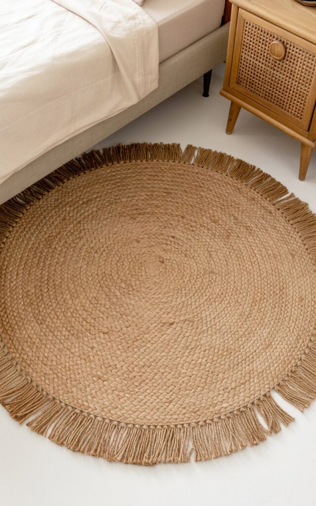 Natural fiber jute rug with woven geometric design anchoring bohemian bedroom