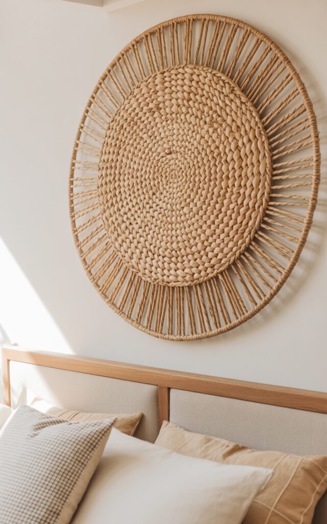 Detailed view of circular woven rattan wall hanging with spiral pattern in natural beige tones perfect for bedroom wall decor