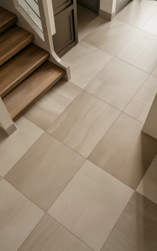Oversized beige tile with minimal grout lines creating seamless luxury floor surface