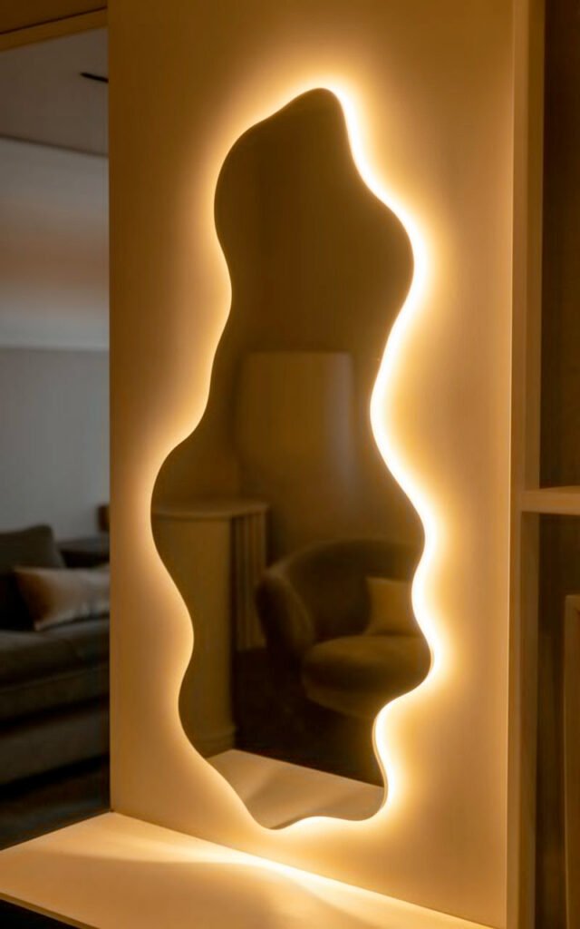 Sculptural backlit mirror with wavy edges and integrated LED lighting creating luxury focal point