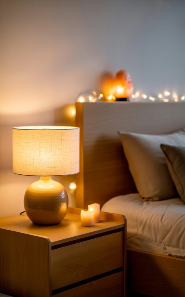 Multiple warm light sources including table lamp and string lights creating cozy bedroom ambiance