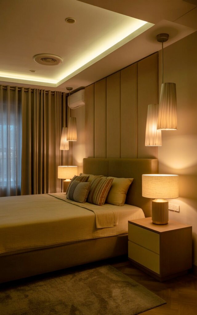 Well-lit bedroom showcasing multiple light sources including table lamps, recessed lighting, and LED strips for layered ambient lighting