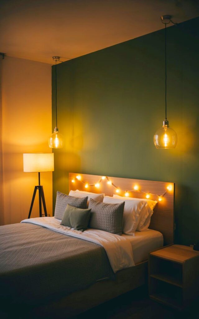 Sage green bedroom with multiple warm light sources including pendant lights and floor lamp creating cozy ambiance