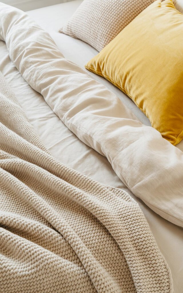  Mix of bedroom textures including linen, cotton, knit, and velvet creating visual interest in neutral space