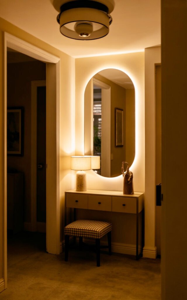 Multiple light sources at different levels creating dimensional luxury lighting scheme