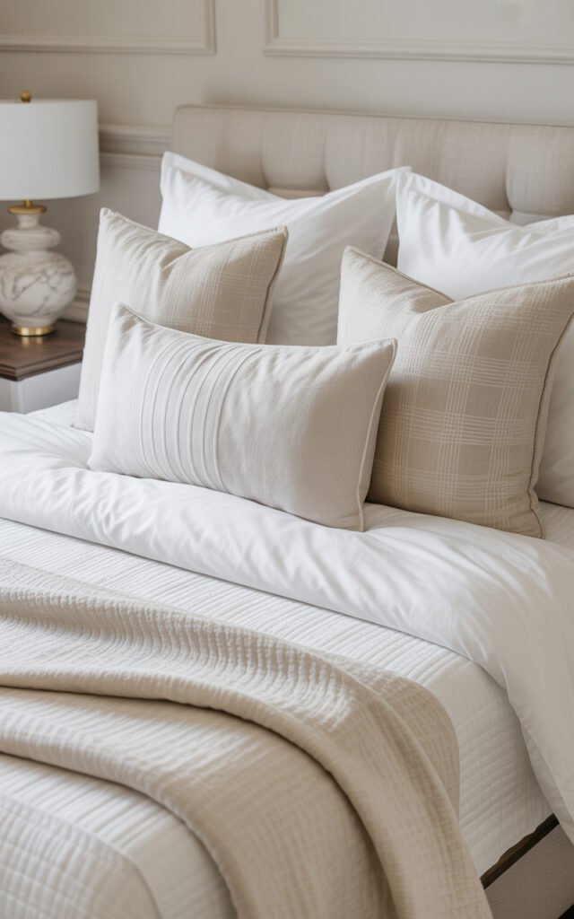 White and cream layered bedding with Euro shams and textured throw showing luxury styling
