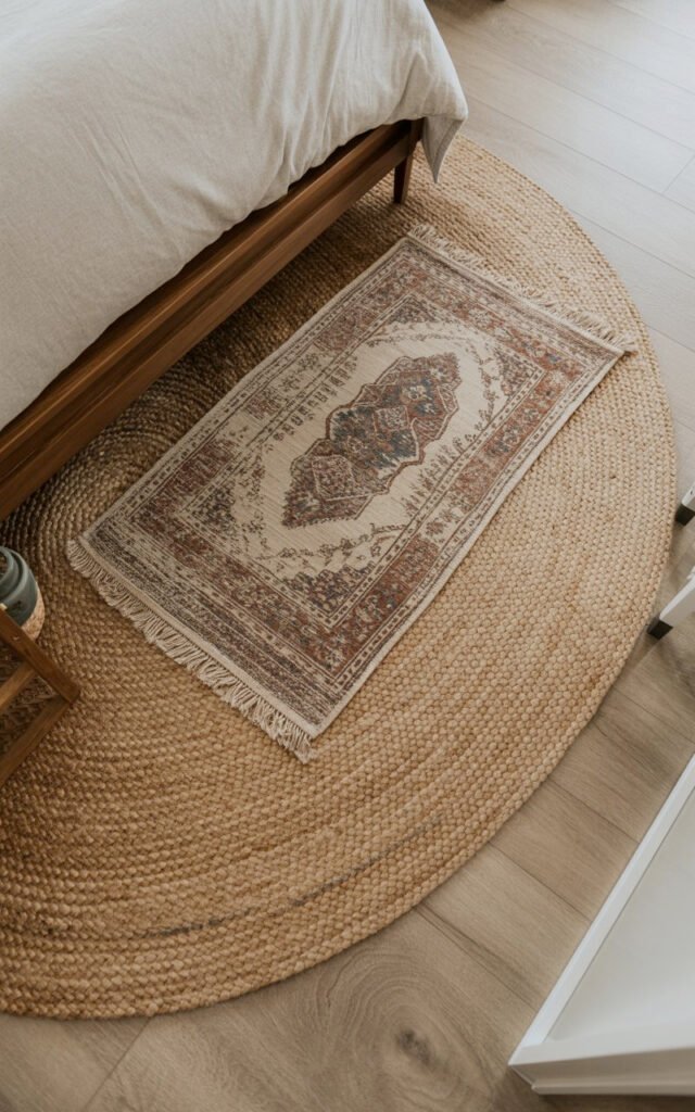 Jute rug layered with patterned area rug creating textural interest in natural bedroom design