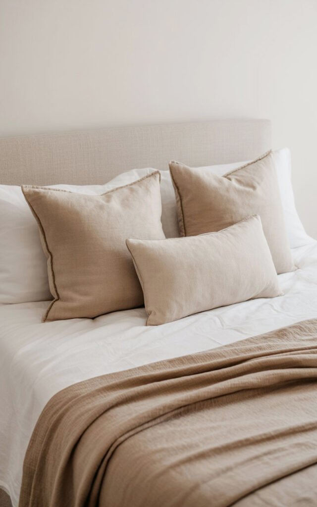 Beige and white layered bedding with linen textures showing minimal luxury styling