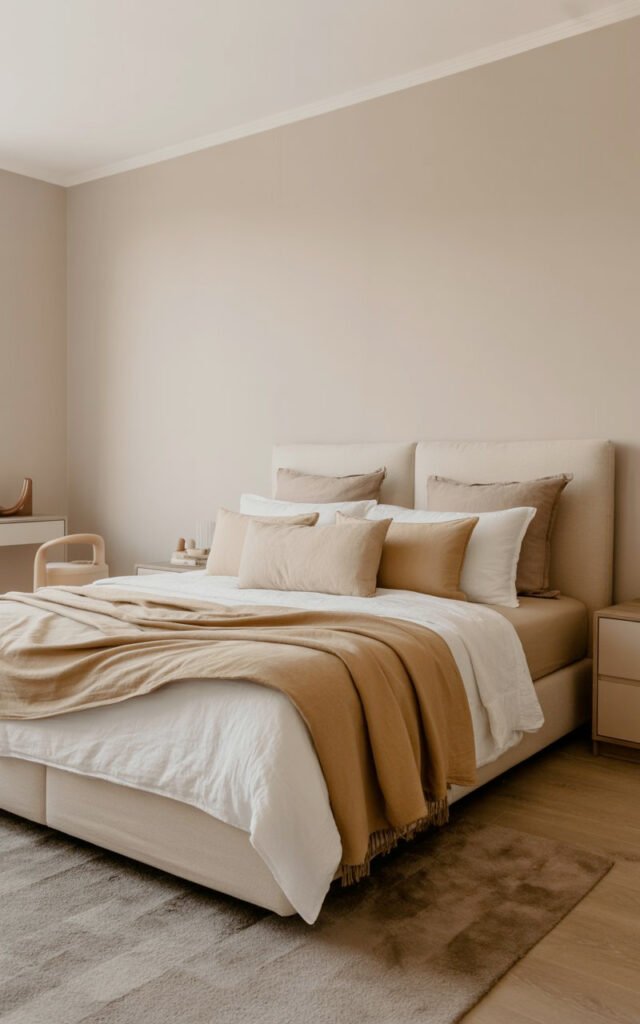 Small bedroom showcasing layered neutral tones including cream, beige, tan, and white creating depth