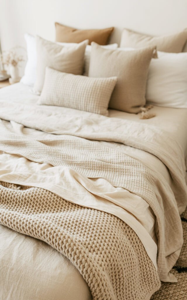 Bed with layered natural bedding showing linen sheets, textured blankets and neutral pillows