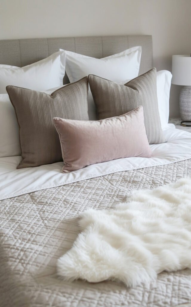 Elegant layered master bed with white quilted bedding and neutral accent pillows in various textures