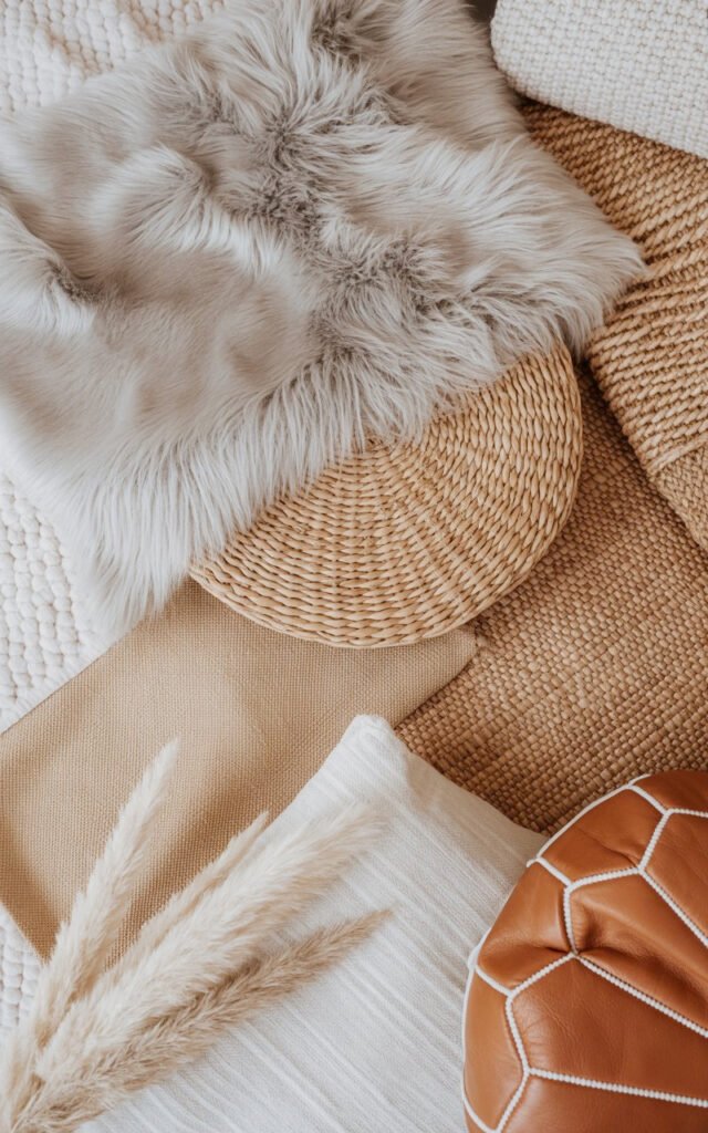 Collection of boho bedroom textures including faux fur, jute, rattan, linen and leather showing variety of natural materials in neutral tones