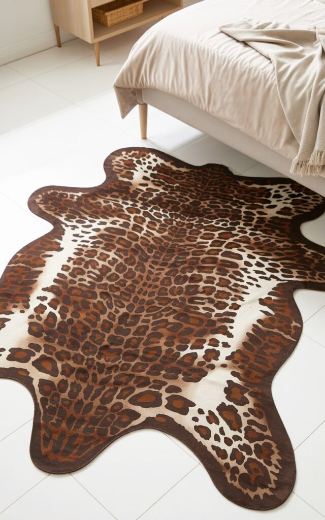 Animal print accent rug in neutral tones adding bold pattern to glamorous bedroom design