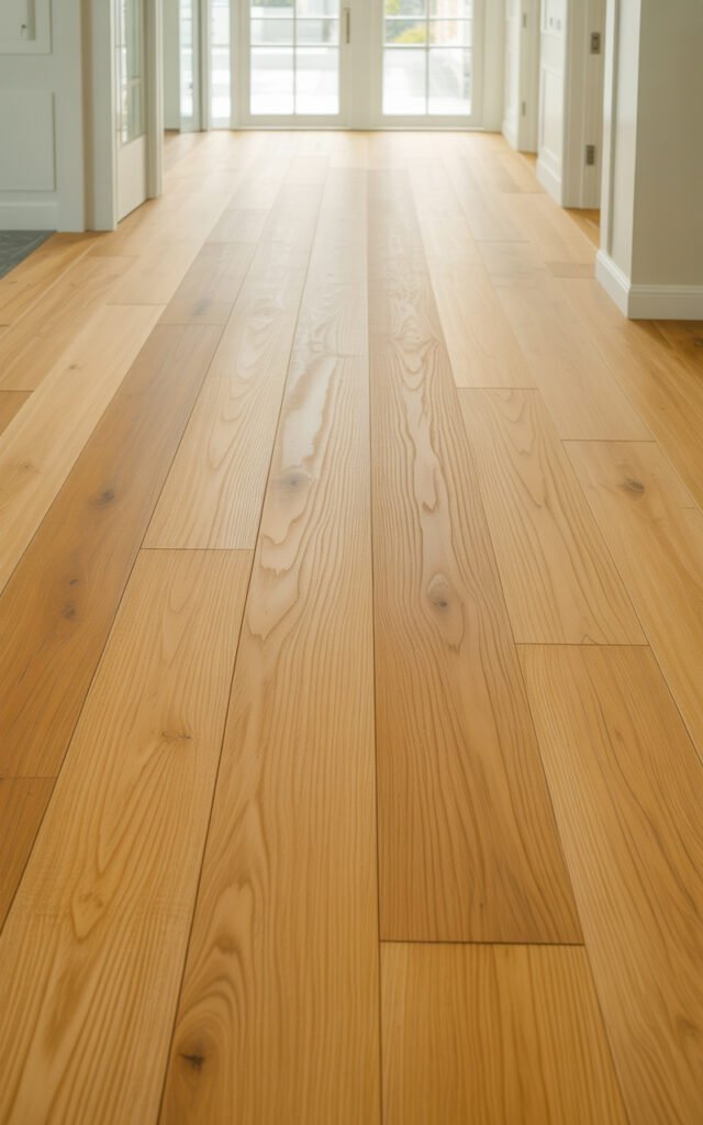 Pale wood flooring in wide planks creating bright foundation for narrow hallway design